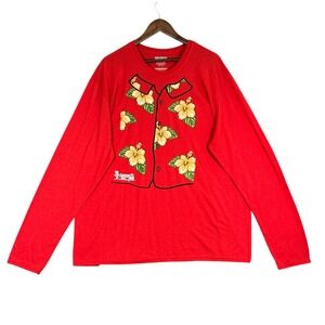 Gildan Graphic T-Shirt Womens 2XL Red Hawaiian Christmas Dash Long Sleeve